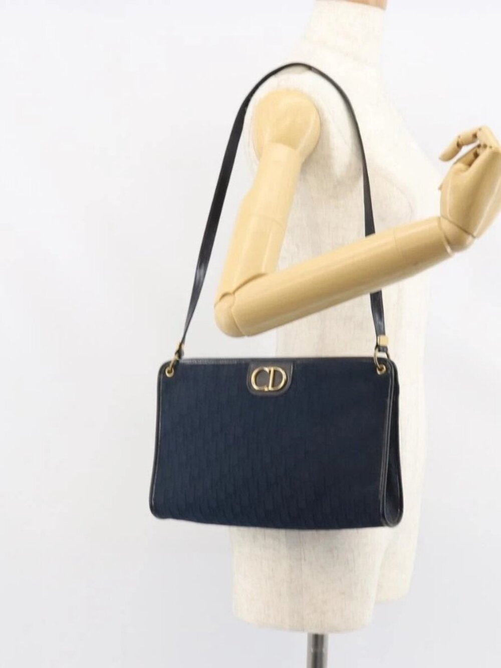 Christian Dior Trotter Canvas Shoulder Bag Navy Gold Auth BA9239